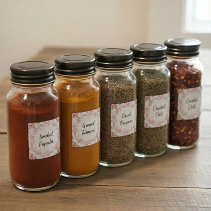 Five glass jars with spice contents and labels on a wooden surface.