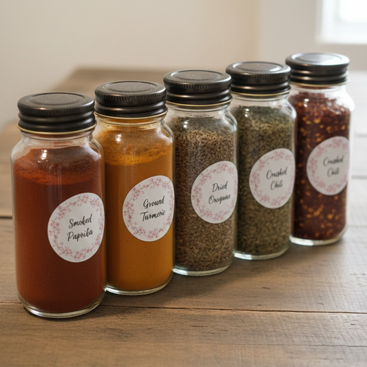 Set of spice jars with labels on a wooden surface