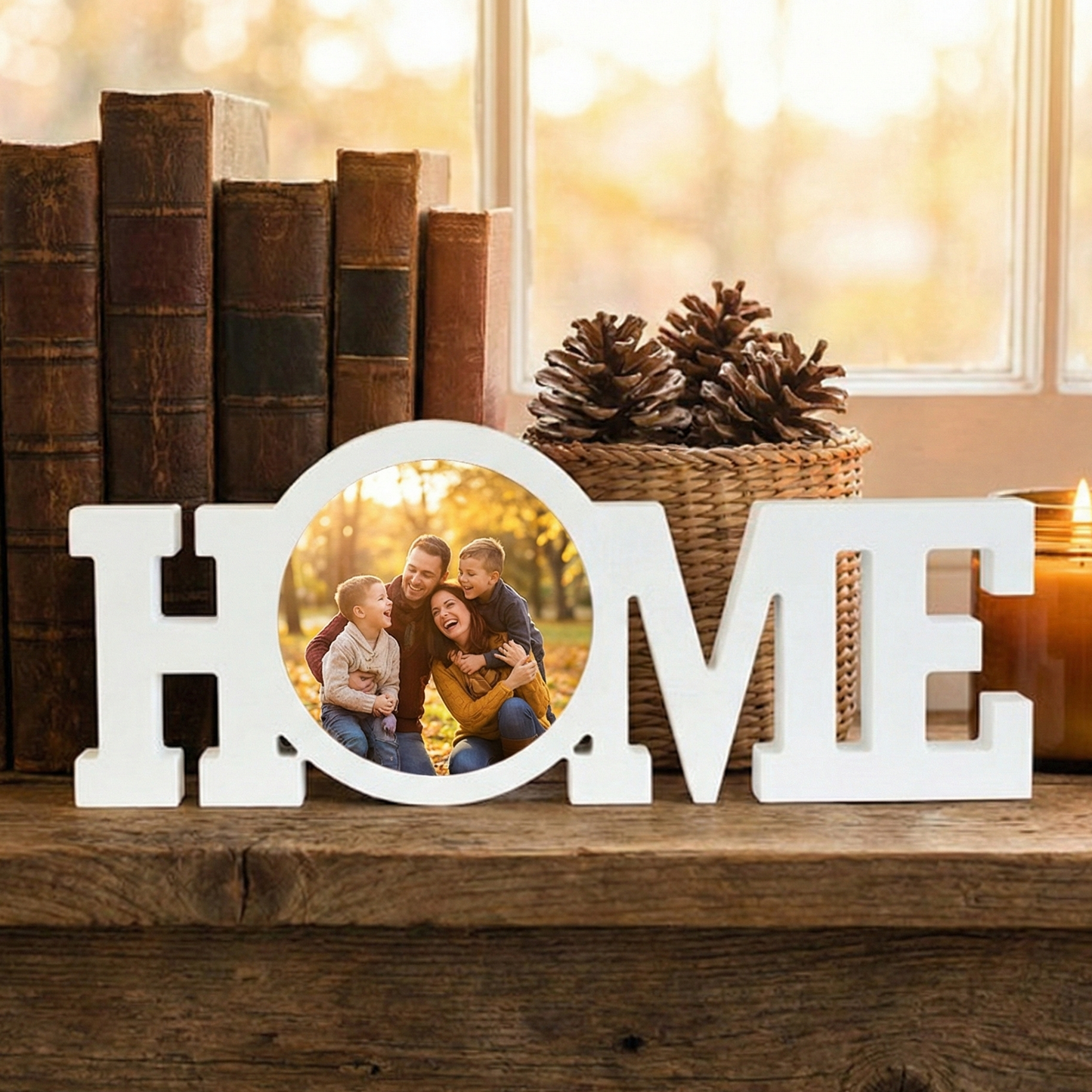 Decorative 'HOME' sign with a photo of a family on a wooden shelf with books and a candle.