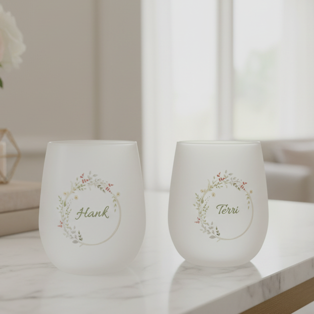Two white wine glasses with floral designs and names on a marble surface.
