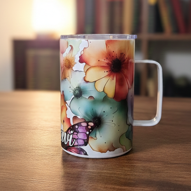 Colorful floral mug with a handle on a wooden surface