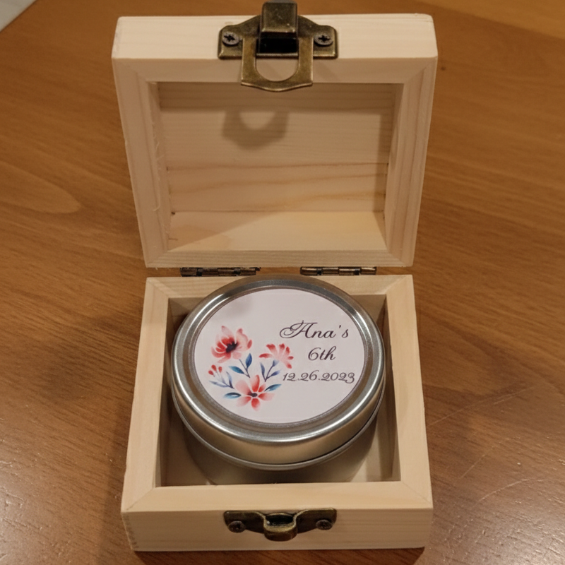 Small jar with a decorative label inside an open wooden box on a wooden surface