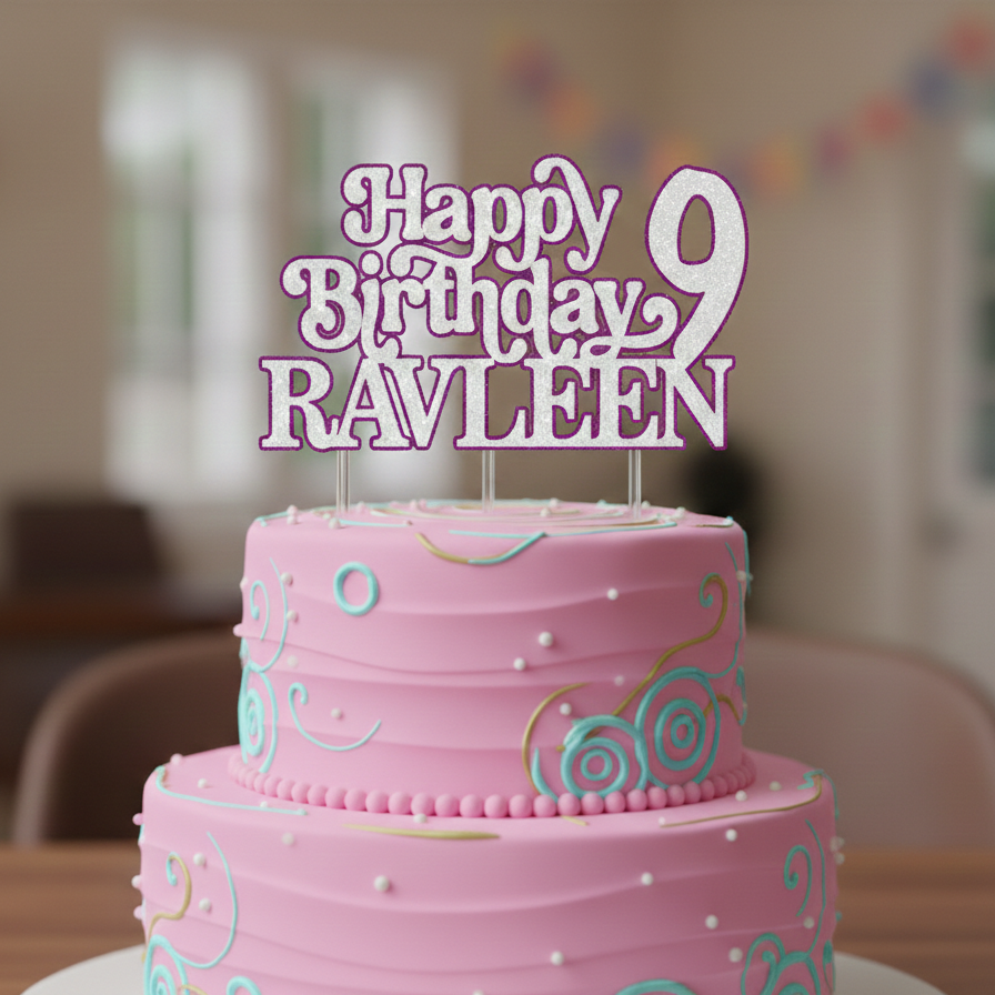 Pink birthday cake with 'Happy Birthday RAVLEEN' topper on a blurred background