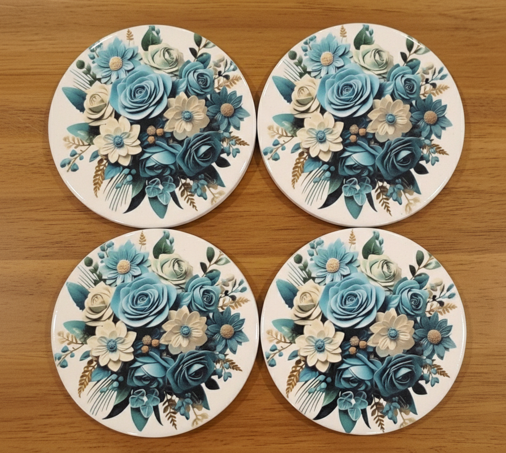 Four floral coasters with blue and green colors on a wooden surface