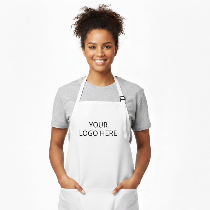 Person wearing a white apron with 'Your Logo Here' text on a white background