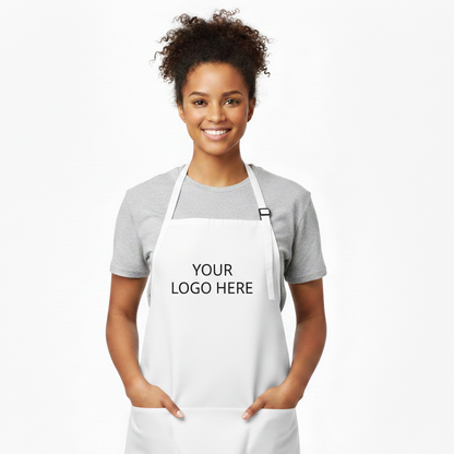 Person wearing a white apron with 'Your Logo Here' text on a white background