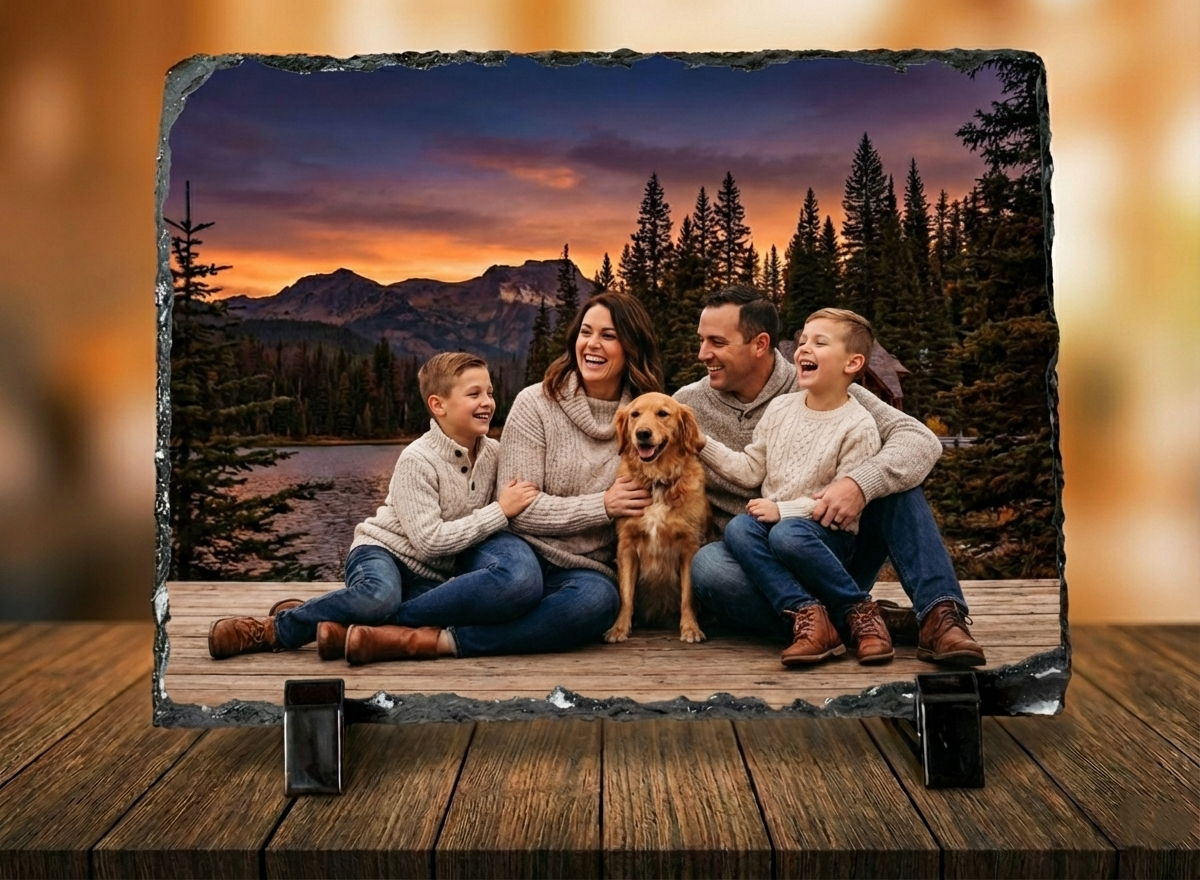 Family with two children and a dog sitting on a wooden platform with a scenic background