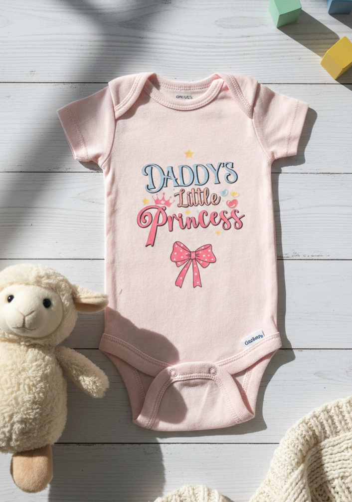 Pink baby onesie with 'Daddy's Little Princess' text and a bow graphic on a wooden surface with toys.