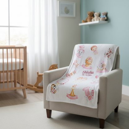 Baby blanket with cartoon characters on a chair in a nursery room