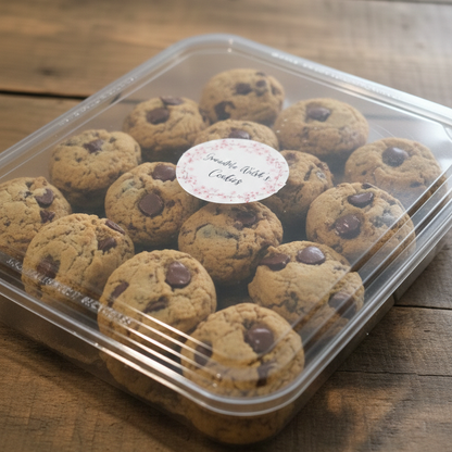 Container of chocolate chip cookies on a wooden surface