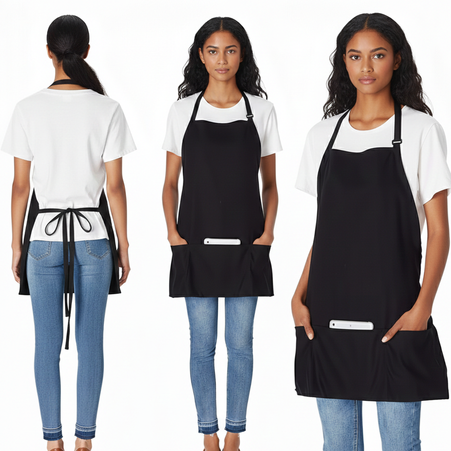 Three views of a person wearing a black apron over a white shirt and blue jeans.