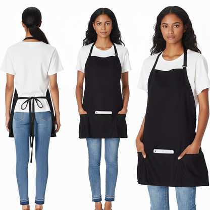 Three views of a person wearing a black apron over a white shirt and blue jeans.
