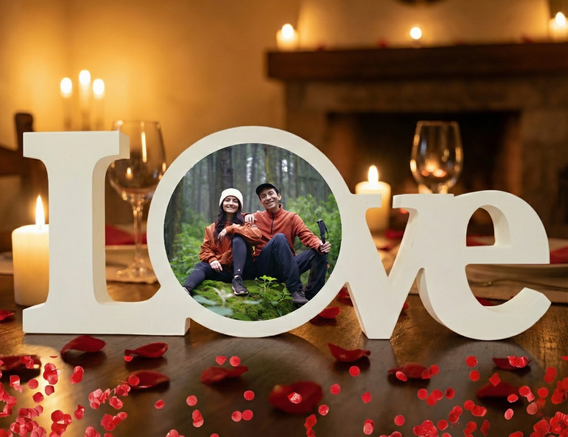 Decorative 'LOVE' sign with a photo of a couple in a forest, surrounded by candles and rose petals.