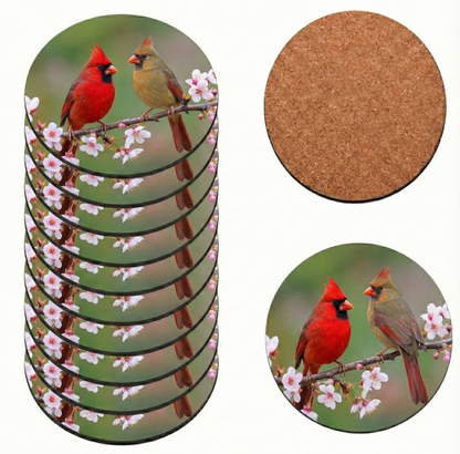 Set of round coasters with red cardinals design on a white background