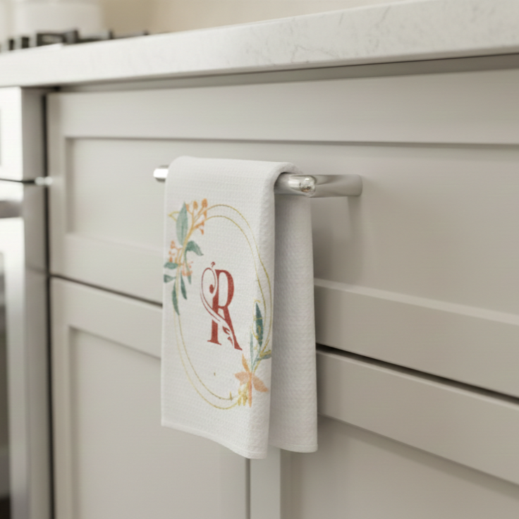 Towel hanging on a rack in a kitchen setting with decorative towel design.