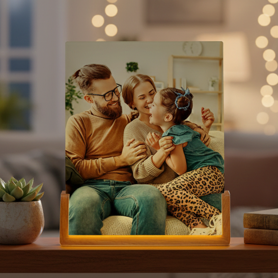 Family photo in a frame on a table with a blurred background
