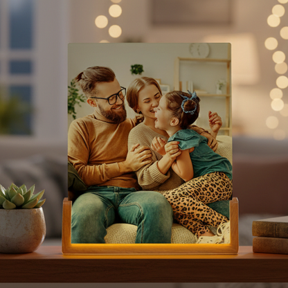 Family photo in a frame on a table with a blurred background
