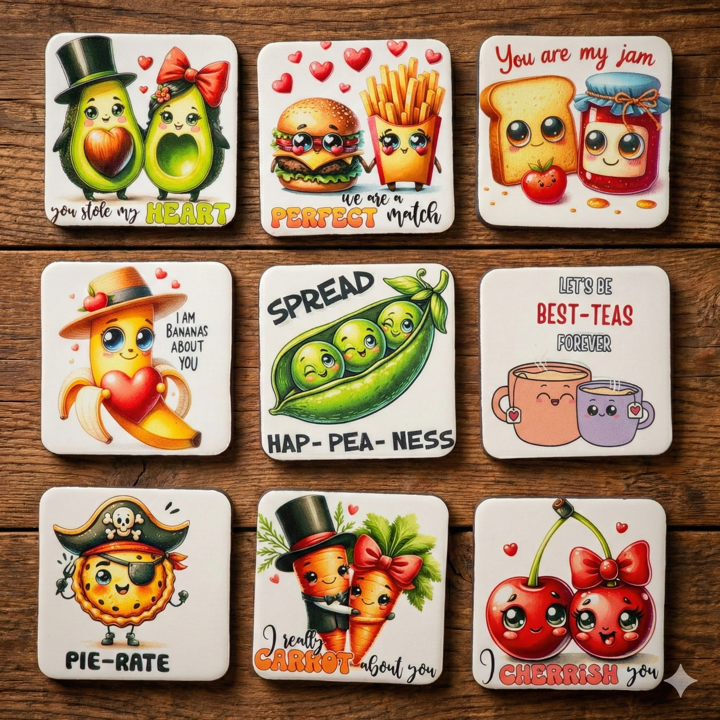 Set of cartoon-themed coasters on a wooden surface