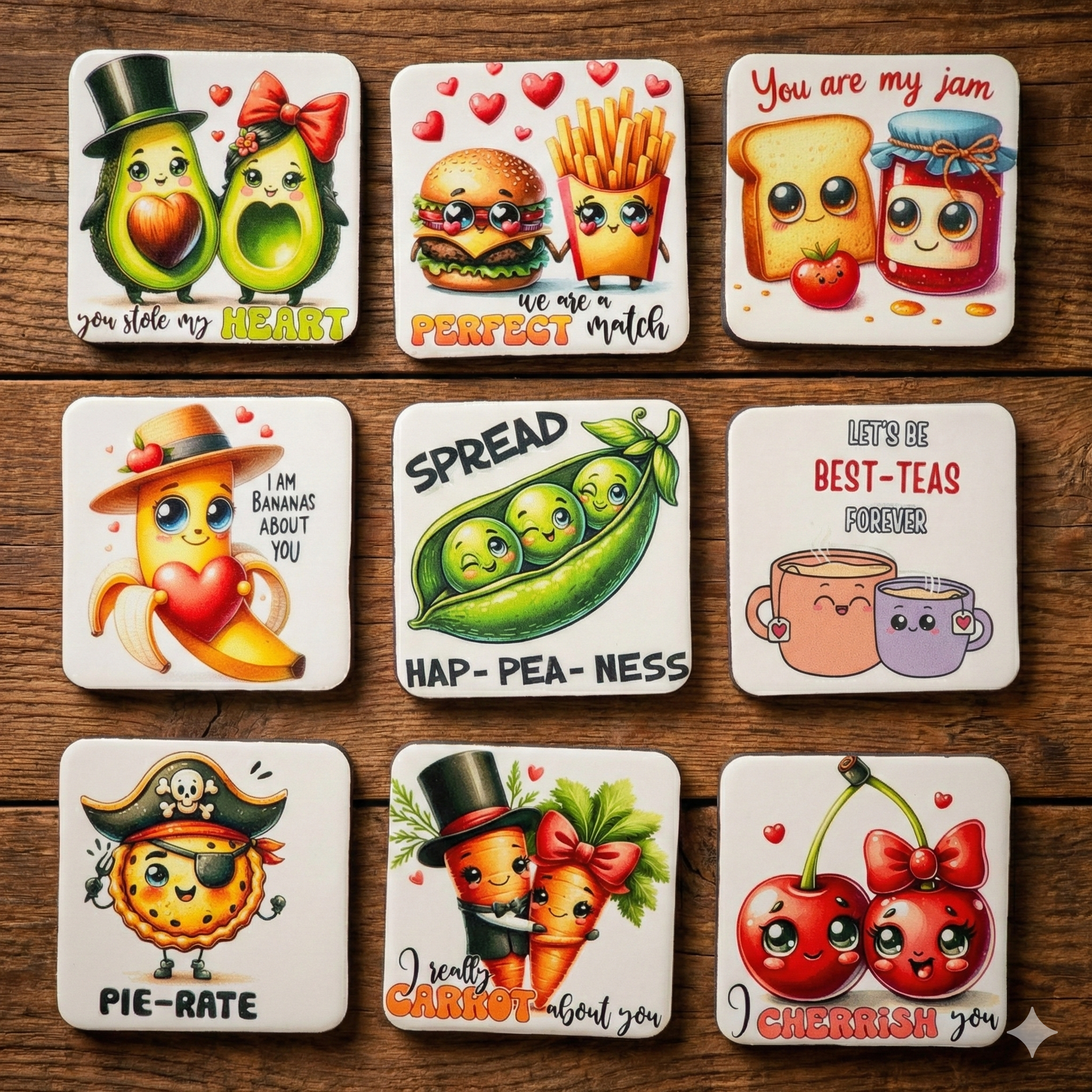 Set of cartoon-themed coasters on a wooden surface