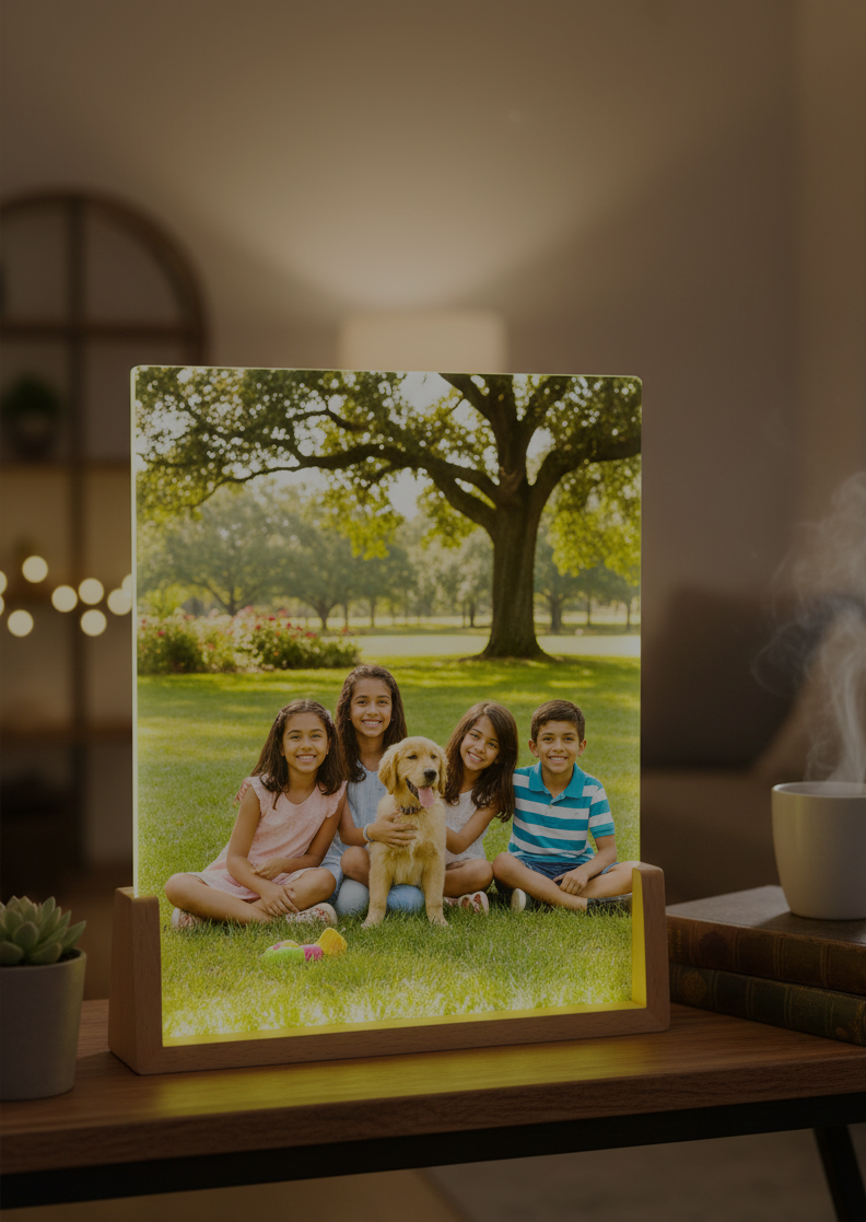 Family photo with four children and a dog on a wooden stand in a home setting.