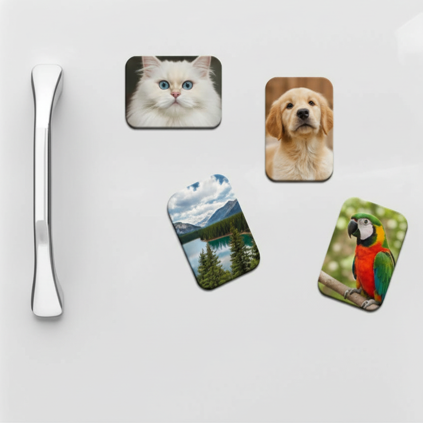 Fridge magnets shaped like a cat, dog, mountain landscape, and parrot on a refrigerator.