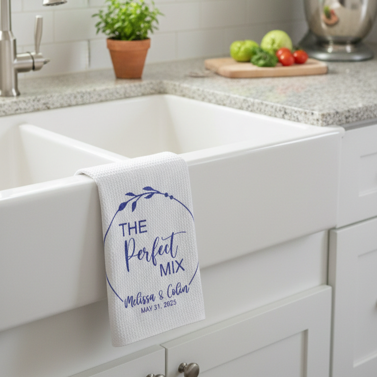 Kitchen sink with a decorative towel reading 'The Perfect Mix' in a home setting.