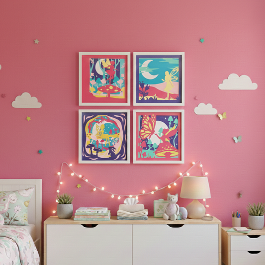 Children's room with pink walls, colorful artwork, and decorative elements.