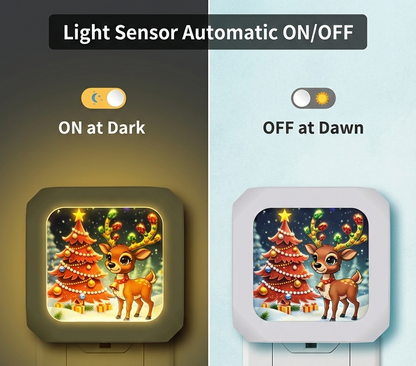 Light sensor night light with Christmas design on a dark and light background
