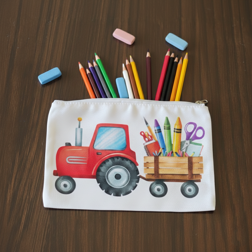 Pencil case with a custom print of red tractor design filled with stationery items