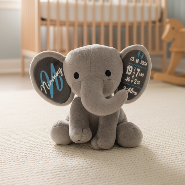 Gray elephant plush toy with personalized details in a nursery setting