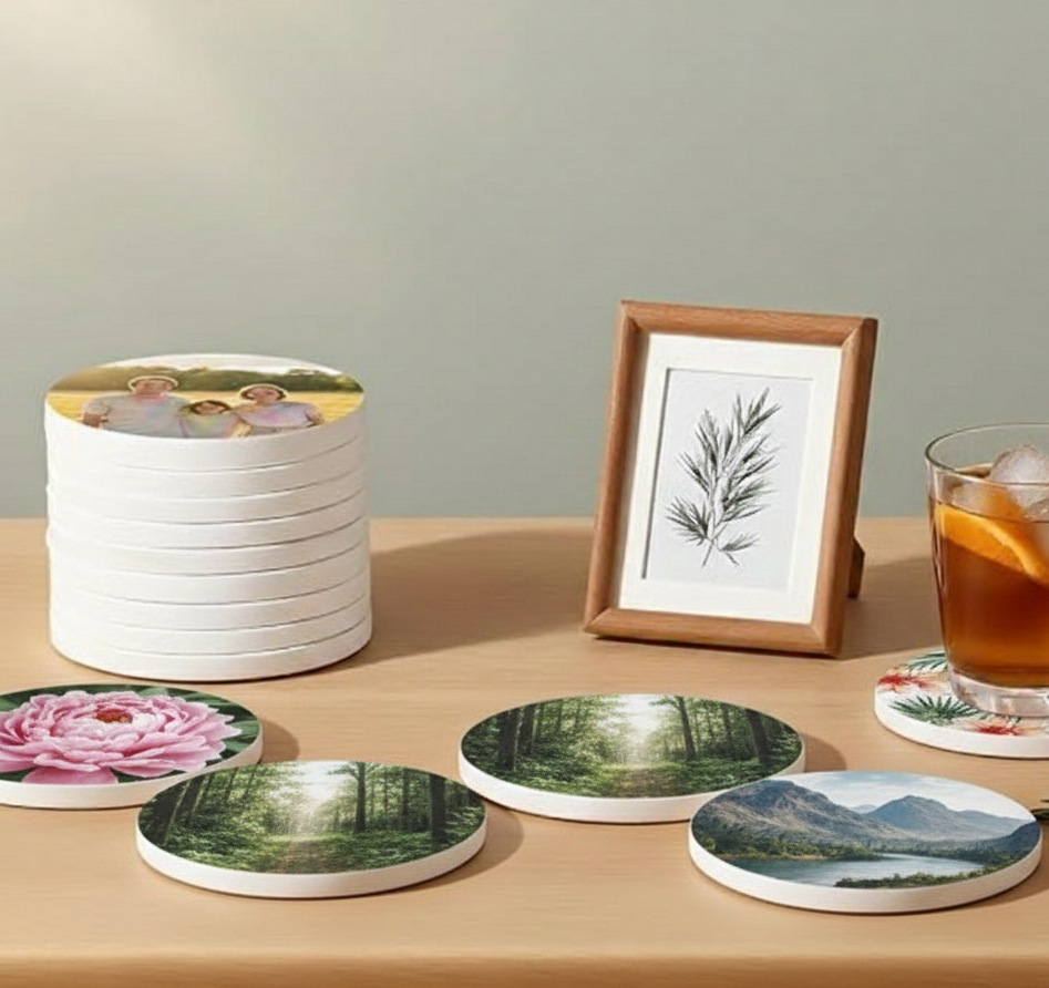 Set of scenic coasters on a table with a framed picture and a glass of iced tea.