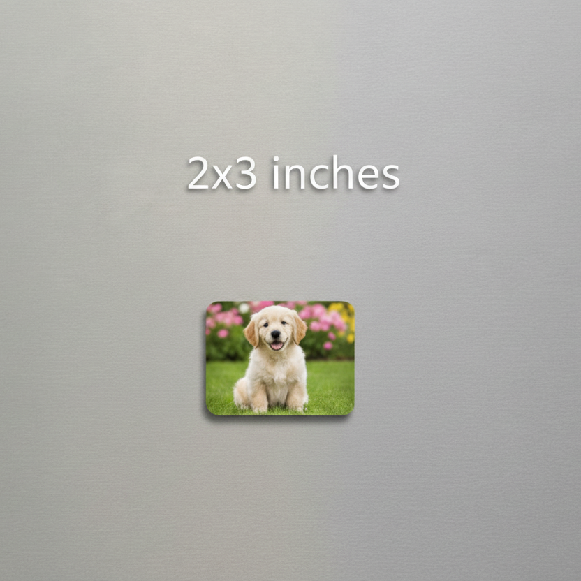 Fridge magnet with a dog on a grassy background attached to a refrigerator.