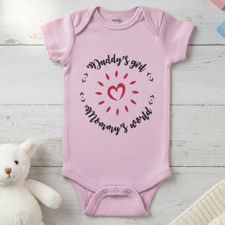 Pink baby onesie with 'Daddy's girl, Mommy's world' text on a wooden surface with a teddy bear.
