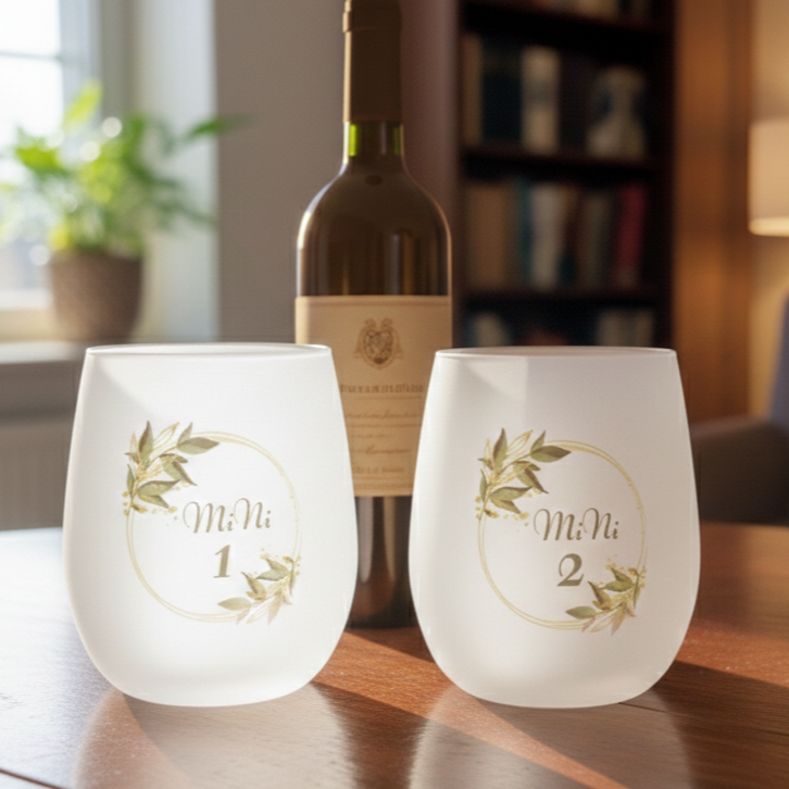 Two white wine glasses with gold designs and a bottle of wine on a table.