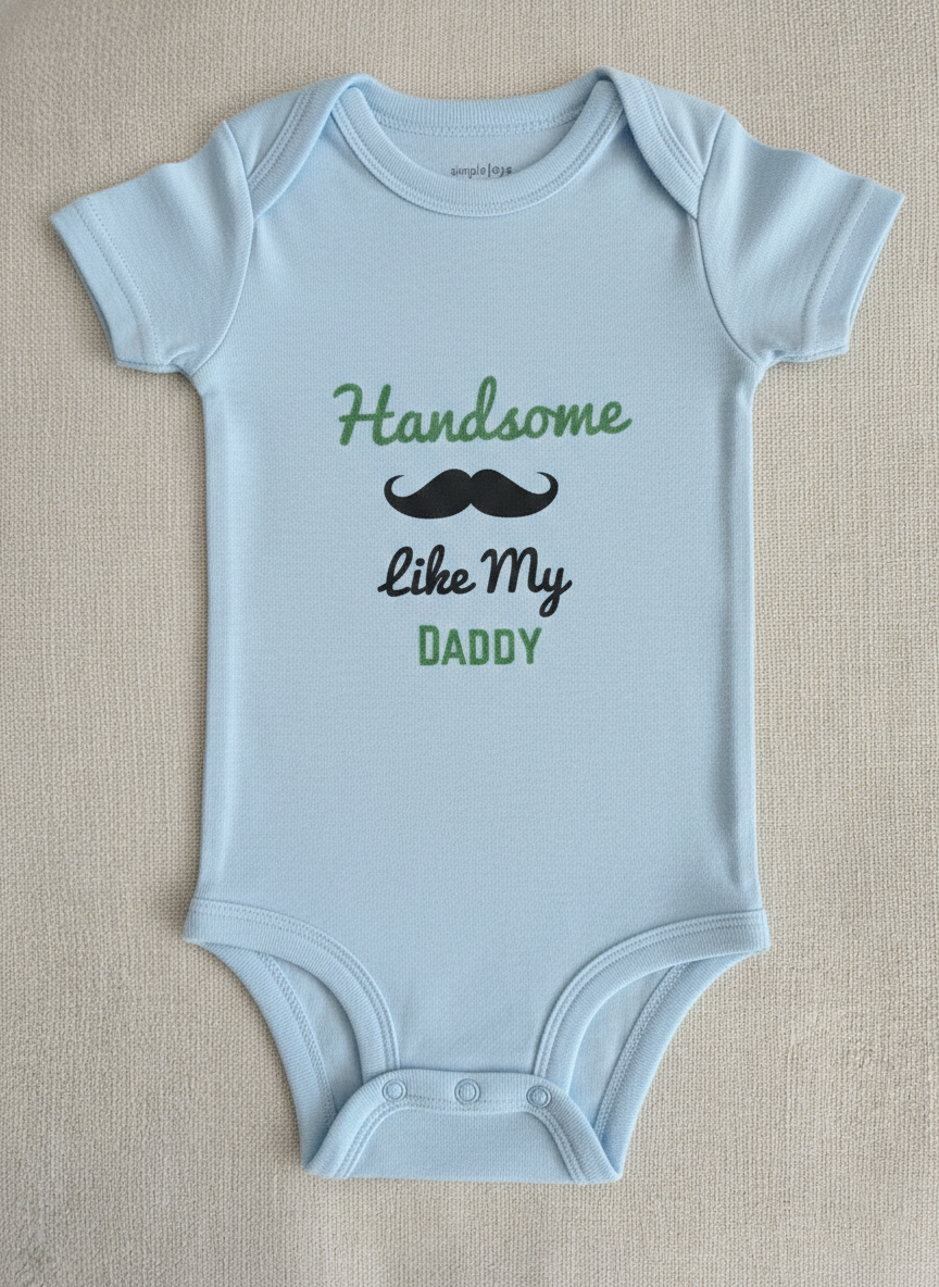 Light blue baby onesie with text on a beige background