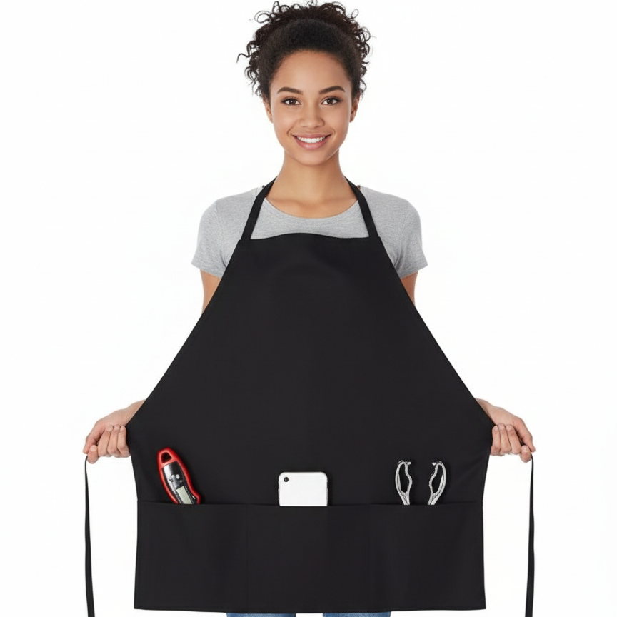 Person wearing a black apron with tool pockets on a white background