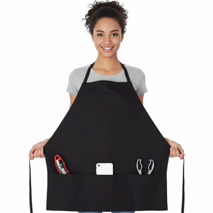 Person wearing a black apron with tool pockets on a white background