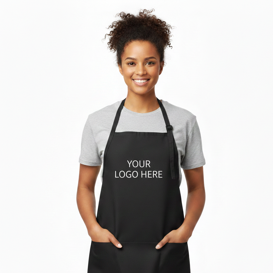 Person wearing a black apron with 'Sari's' branding on a white background