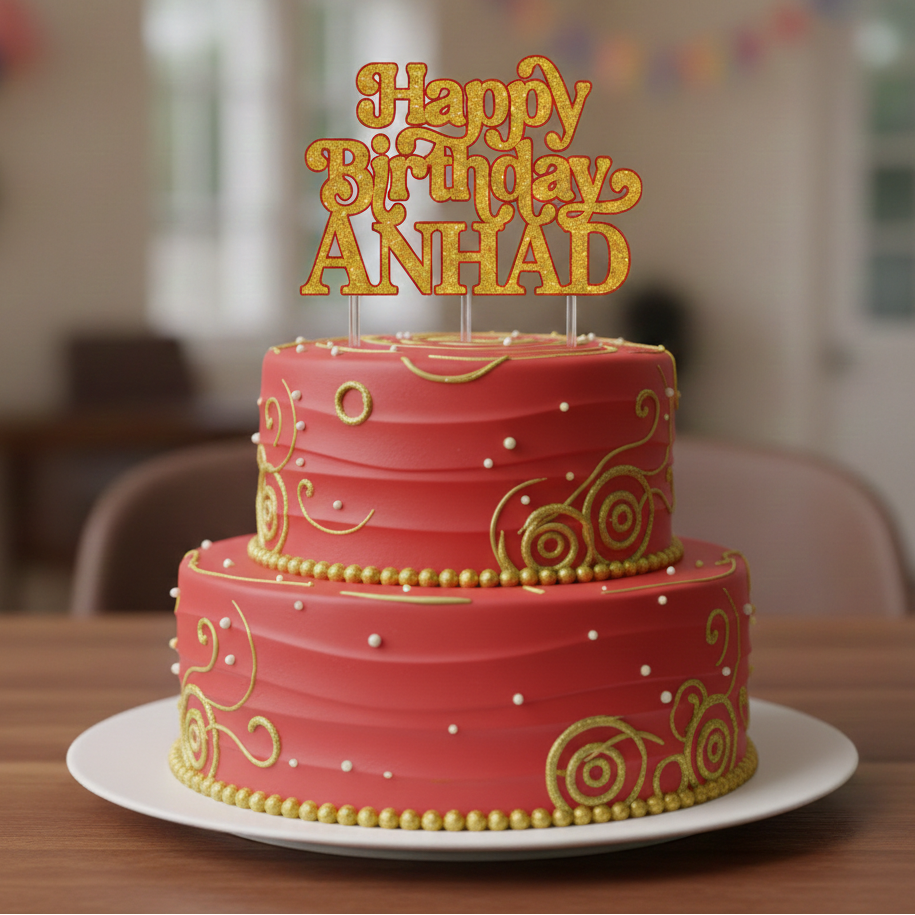 Red birthday cake with gold decorations and 'Happy Birthday Anhad' topper on a table.