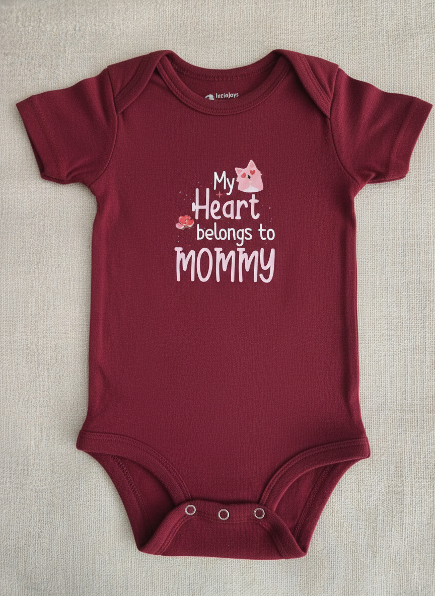 Maroon baby onesie with 'My Heart Belongs to Mommy' text on a beige fabric background