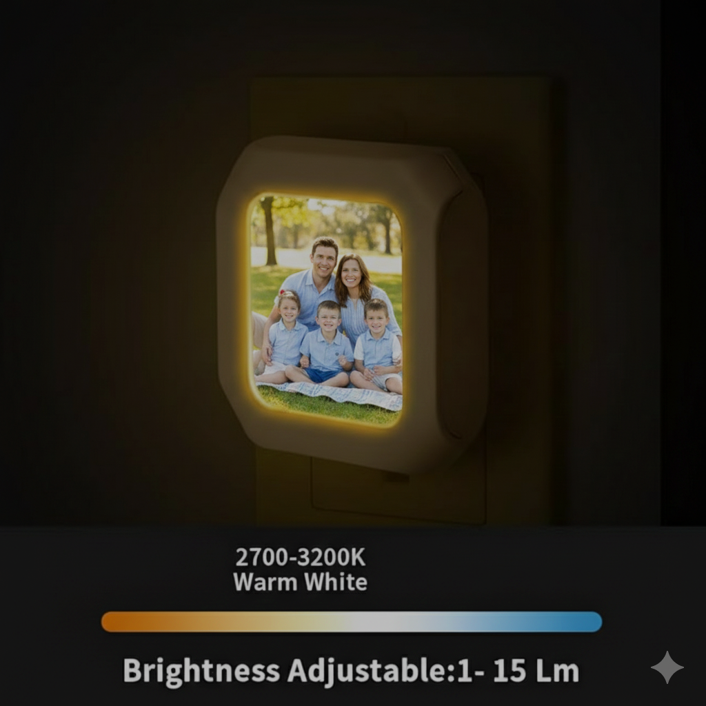 Decorative night light with a family photo on a dark background