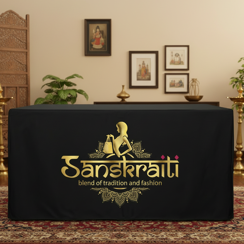 Black tablecloth with 'Sanskrauti' logo in a traditional setting