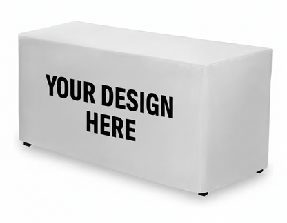 White table cover with 'Your Design Here' text on a white background
