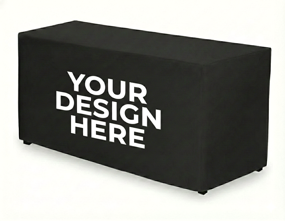 Black table cover with 'Your Design Here' text on a white background