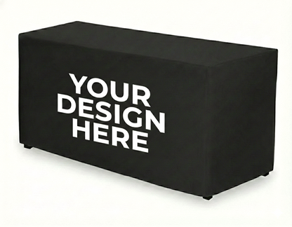 Black table cover with 'Your Design Here' text on a white background