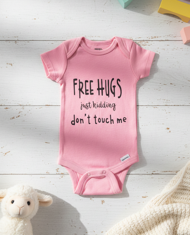 Pink baby onesie with text on a wooden surface