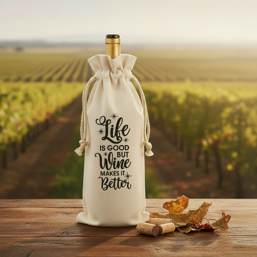 Wine bottle with decorative drawstring bag and scenic vineyard background