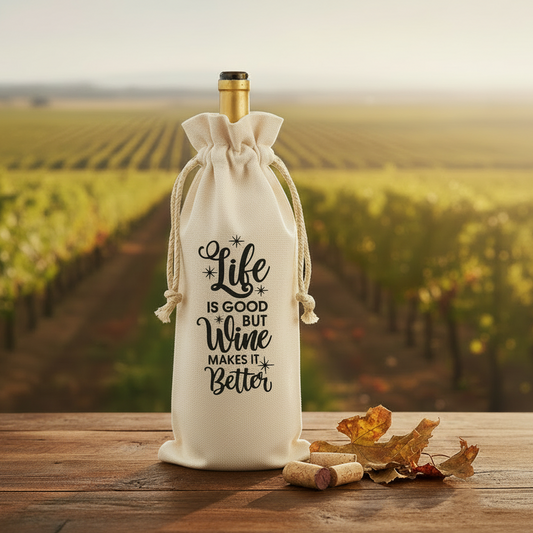Wine bottle with decorative drawstring bag and scenic vineyard background