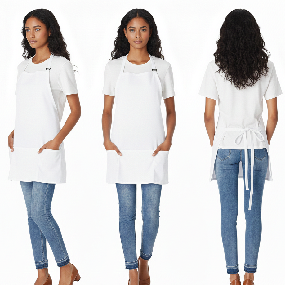 White apron and blue jeans worn by a model from front, side, and back views on a white background.