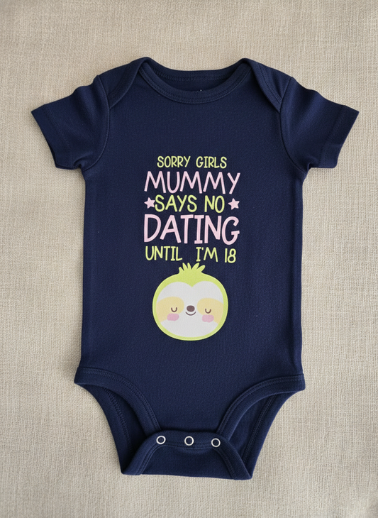 Navy blue baby onesie with text and graphic on a beige fabric background